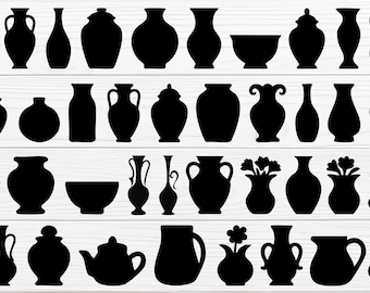 May include: A collection of black silhouette images of various vases, bowls, and pitchers. The designs range from simple to ornate, including shapes with handles, lids, and decorative elements. The objects are arranged on a white wooden background.