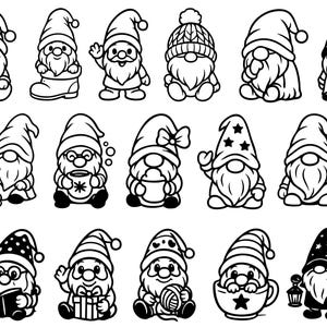 Może przedstawiać: Kolekcja czarno-białych ilustracji gnomów. Każdy gnom ma długą brodę i spiczasty kapelusz. Niektóre gnomy trzymają przedmioty, takie jak prezent, książka, filiżanka lub miotła. Gnomy są w różnych pozach.
