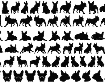 May include: A collection of 48 black silhouettes of French Bulldogs in various poses. The silhouettes are arranged in rows and columns, creating a repeating pattern.