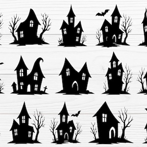 Puede incluir: Una colección de siluetas negras de casas encantadas con varios diseños arquitectónicos, incluyendo tejados puntiagudos, torres y puertas arqueadas. Algunos diseños incluyen árboles desnudos y murciélagos, perfectos para decoraciones de Halloween.