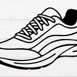 May include: A black and white line drawing of a running shoe. The shoe features laces, a padded tongue, and a curved sole. The design is minimalist, with clean lines and a focus on the shoe's silhouette. The image is set against a white wooden background.