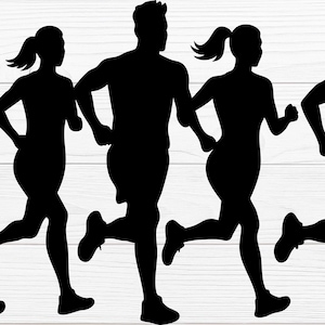 May include: Black silhouettes of five people running, captured mid-stride. The figures are depicted in a dynamic pose, suggesting movement and athleticism. The background is a light wood grain pattern.