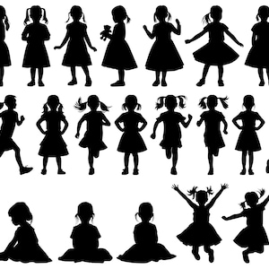 Op de afbeelding: Silhouetten van 25 meisjes in verschillende poses, sommige met speelgoed, sommige met hun handen op hun heupen, sommige rennen, sommige staan, sommige zitten. Ze dragen allemaal jurken.