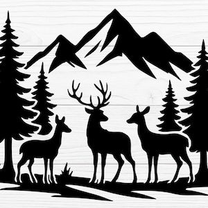 May include: Black silhouette of a mountain scene with three deer, pine trees, and mountains. The deer are in the foreground, with the mountains and trees in the background. The design is suitable for home decor.