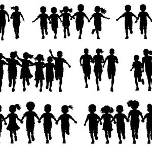 Könnte beinhalten: Eine Sammlung schwarzer Silhouettenbilder von Kindern, die rennen und Händchen halten. Die Kinder sind in verschiedenen Gruppen dargestellt, einige einzeln, andere paarweise und einige in größeren Gruppen, alle in Bewegung.