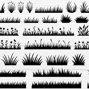 Könnte beinhalten: Eine Sammlung schwarzer Gras- und Blumensilhouetten auf weißem Holzgrund. Das Bild zeigt verschiedene Designs von Gras, Blumen und Schilf, geeignet für Bastel- oder Designprojekte.