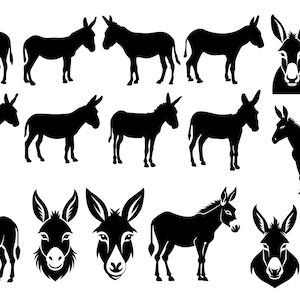 May include: A collection of black donkey silhouettes in various poses. The image includes full body profiles, side views, and head-on portraits of the donkeys. The donkeys are depicted with their ears erect and tails down, suitable for graphic design.