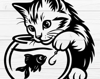 Curious Cat Looking at Goldfish Silhouette Vector | Eps, Png, Svg, and Jpg Files