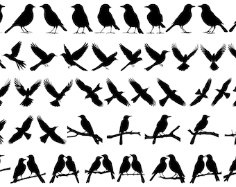 May include: A collection of black silhouette images of birds in various poses, including flying, perched, and in pairs. The birds are all facing different directions and are arranged in rows.