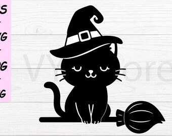 Halloween Witch Cat SVG | Black Cat Clipart Vector