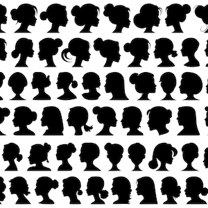 May include: A collection of 64 black and white silhouette images of women's faces with various hairstyles. The women are facing to the right and have different hair lengths and styles.