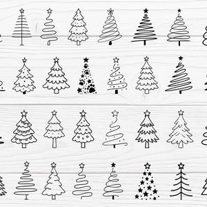 May include: A collection of black and white Christmas tree illustrations in various styles. Each tree is topped with a star, and the designs range from simple line drawings to more detailed, filled-in shapes. The trees are arranged on a white wooden background.