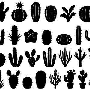 May include: A collection of black cactus silhouettes in various shapes and sizes. The image features a variety of cacti, including tall, spiky, and rounded forms, with some in pots. The silhouettes are set against a white background.