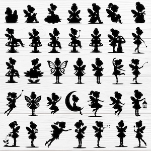 May include: A collection of black fairy silhouettes in various poses. Some fairies are sitting on mushrooms, others are holding wands, and some have large wings. The fairies are set against a light wood grain background.