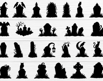 Set di clipart SVG e PNG con silhouette di lapidi.