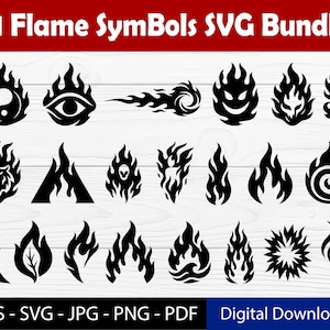 May include: A collection of 21 black flame symbols in various designs. The image includes a yin-yang flame, an eye flame, and a flame with a smiling face. Text at the top reads "21 Flame Symbols SVG Bundle". The bottom text says "EPS - SVG - JPG - PNG - PDF Digital Download".