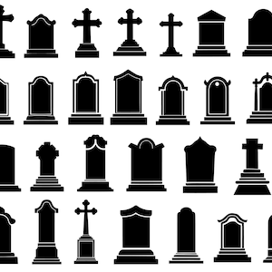 Puede incluir: Un conjunto de 30 imágenes en silueta negra de diferentes estilos de lápidas y monumentos funerarios. Las imágenes están aisladas sobre un fondo blanco.