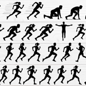 Puede incluir: Una colección de imágenes de siluetas negras de corredores en varias poses. Las imágenes representan a corredores en movimiento, incluyendo posiciones de salida, esprintando y corriendo con los brazos extendidos. Los corredores son tanto hombres como mujeres, y algunos llevan gorras.