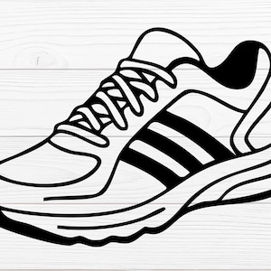 May include: Black and white line art illustration of a running shoe. The shoe features a lace-up design, a padded collar, and three stripes on the side. The sole has a curved design for support and cushioning.