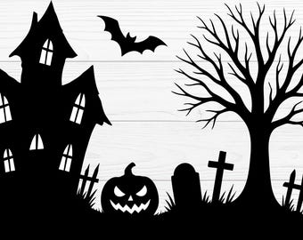 Dom z duchami Halloween SVG | Sylwetka cmentarza