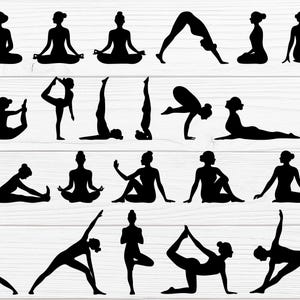 May include: Black silhouette illustrations of various yoga poses, including seated, standing, and inverted positions. The figures are depicted on a white wooden background, showcasing a range of yoga asanas for fitness and wellness.