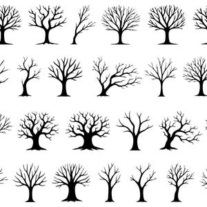 May include: A collection of black silhouette tree illustrations. The trees vary in size and shape, with bare branches and detailed trunks. The image features a variety of tree designs, suitable for graphic design or decorative purposes.