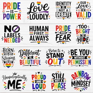 May include: A selection of Pride-themed designs in rainbow colours, each with a different message. The designs include phrases like "Love Loudly", "Pride Over Fear", and "Still Not a Phase". The images are displayed on a white wooden surface.