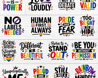 Pacchetto di citazioni sull'orgoglio LGBTQ in formato SVG, tipografia arcobaleno in formato PNG, file di taglio per Cricut