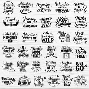 以下が含まれることがあります： 「Adventure Starts Here」や「Find Your Wild」、「Just Go」などのフレーズが書かれた、白黒の旅行をテーマにしたデザインのコレクション。山、飛行機、スーツケースのイラストが含まれており、旅行好きに最適です。