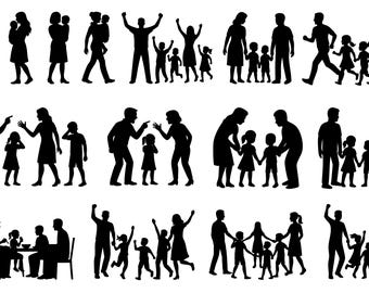 Family SVG Bundle, Parent Silhouettes, Mom Dad & Kids Silhouette Clipart, Family Vector Pack