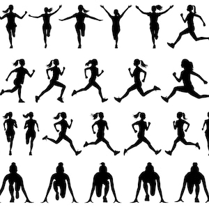 Puede incluir: Siluetas de corredores en varias poses, incluyendo la salida, la carrera y la llegada. Las siluetas son negras sobre un fondo blanco.