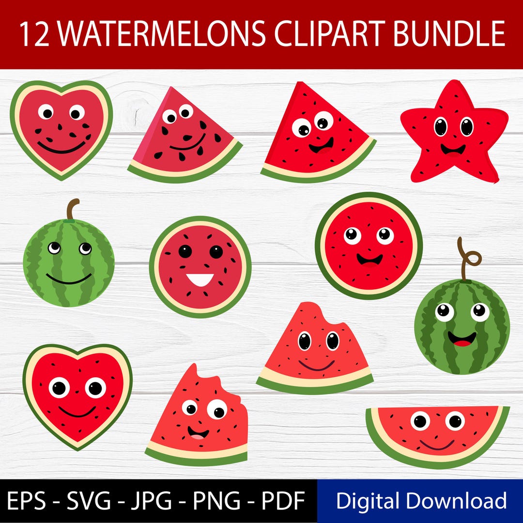 Watermelon Digital Sticker 12 Cartoon Watermelon Stickers | Watermelon Svg, Eps, Jpg, Pdf, and Png ...