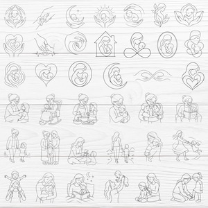 Peut inclure: Ensemble d'illustrations en noir et blanc représentant des thèmes de maternité, de famille et de soins. Les images incluent des mères tenant des bébés, des enfants avec leurs grands-parents et des symboles abstraits de l'amour.