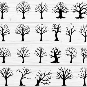 Könnte beinhalten: Eine Sammlung schwarzer Baum-Silhouetten in verschiedenen Formen und Größen, vor einem weißen Holzgrund. Die Bäume sind ohne Blätter, mit komplizierten Astmustern, geeignet für digitale Kunst oder Bastelprojekte.