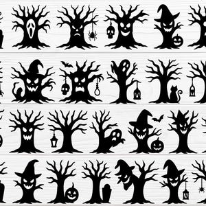 Op de afbeelding: Een verzameling zwarte Halloween-boom silhouetten. Elke boom heeft een uniek ontwerp, waaronder pompoenen, heksenhoeden, geesten, spinnen en lantaarns. De bomen zijn gerangschikt op een witte achtergrond.
