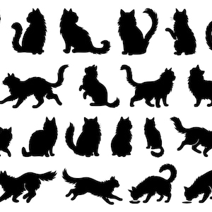 May include: A collection of black cat silhouettes in various poses, including sitting, standing, and running. The cats have fluffy tails and are set against a white background. Ideal for cat lovers.