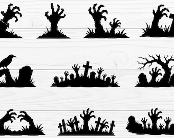 Pacchetto di 10 modelli SVG di sagome di mani di zombie