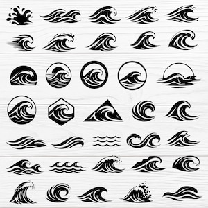 May include: A collection of black and white wave illustrations in various styles. The designs include stylized waves, cresting waves, and waves within geometric shapes like circles and a hexagon. The images are arranged on a white wood-grain background.