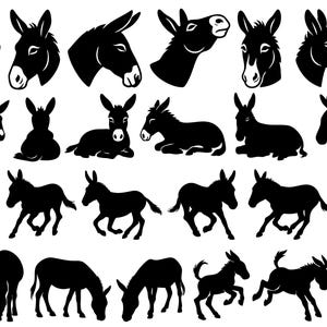 May include: A collection of black donkey silhouettes in various poses. The image includes donkey heads in profile and front views, along with full-body depictions of donkeys standing, running, and lying down. The donkeys are all black against a white background.