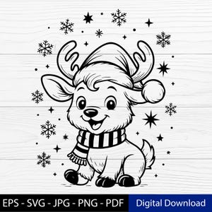 Puede incluir: Ilustración en blanco y negro de un reno de dibujos animados con gorro de Papá Noel y bufanda a rayas. La imagen presenta copos de nieve y estrellas, con el texto "EPS - SVG - JPG - PNG - PDF" y "Digital Download" en la parte inferior.