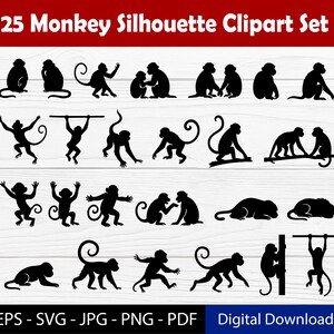 Pode incluir: Uma coleção de 25 imagens de clip art de silhuetas de macacos pretos em várias poses. Os macacos são mostrados sentados, em pé, escalando e balançando. O texto na parte superior diz "25 Monkey Silhouette Clipart Set". A imagem também inclui informações sobre o tipo de arquivo.