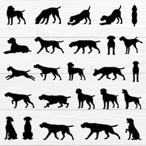 Pode incluir: Uma coleção de silhuetas pretas de cães em várias poses, incluindo em pé, sentados, correndo e farejando. Os cães são retratados em um estilo minimalista contra um fundo branco com grão de madeira. A imagem mostra uma variedade de raças de cães.