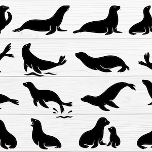 May include: A collection of black seal silhouettes in various poses, including swimming, resting, and interacting. The seals are depicted on a white wooden background, creating a contrasting visual.
