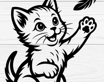 Cute Cat Playing with Feather SVG | Printable Silhouette