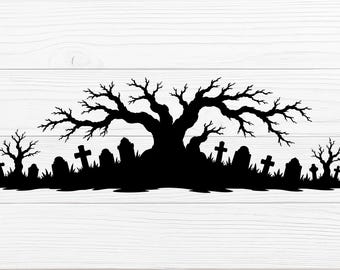 Scena di cimitero di Halloween SVG / Silhouette di paesaggio cimiteriale vettoriale
