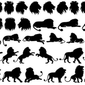 May include: A collection of black silhouette images of lions in various poses, including standing, walking, and roaring. The lions are all facing different directions.