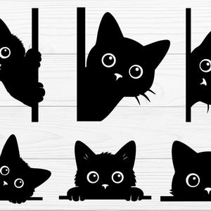 May include: A collection of black cat silhouettes in different poses, peeking from behind vertical lines. Each cat has large, round eyes and a curious expression. The image is a playful design, suitable for stickers or wall art.
