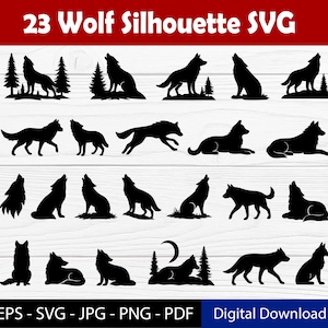 Puede incluir: Una colección de 23 diseños de siluetas de lobos negros en varias poses, incluyendo aullidos, caminando y descansando. El texto "23 Wolf Silhouette SVG" está en la parte superior. La imagen también incluye el texto "EPS - SVG - JPG - PNG - PDF Digital Download".