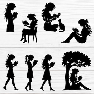 May include: A collection of black silhouette images of a person reading a book in various poses. The figures are depicted standing, sitting on a chair, sitting cross-legged with a cat, and under a tree. The images are set against a white wood-grain background.