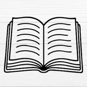 May include: A black and white line drawing of an open book. The pages are spread, showing lines of text. The book's outline is clearly defined, with a visible spine and cover, creating a simple, detailed image.